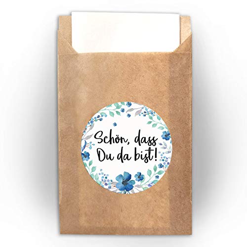100 Tüten (6,50 x 9 cm/braun) + 100 Aufkleber SCHÖN, DASS DU DA BIST Etiketten für Taschentuchverpackung bei Hochzeit Taufe Geburtstag Jubiläum Blumen von JuNa-Experten