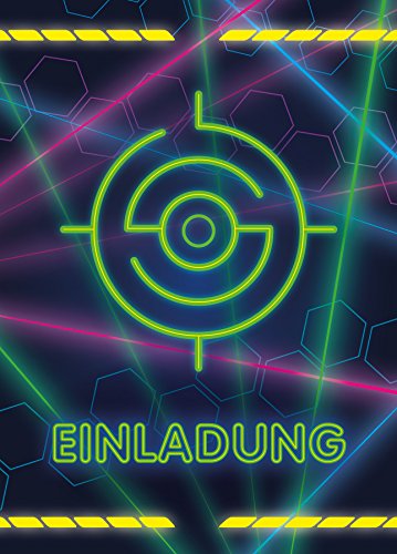 JuNa-Experten 12 x Einladungskarten Kindergeburtstag Lasertag – Einladungskarten für Mädchen und Jungen, Geburtstagseinladungen, farbenfrohe Einladungskarten für Kinder, Lasertag-Party Einladungen von JuNa-Experten