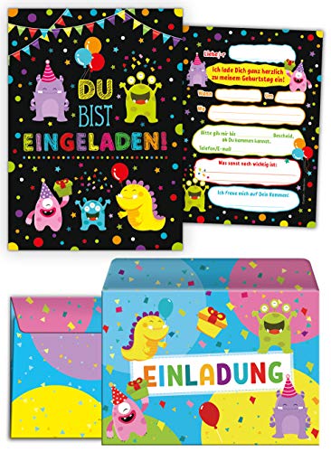 12 Einladungskarten inc. 12 Umschläge zum Kindergeburtstag Mädchen Jungen lustige Monster Einladungen zum Geburtstag von JuNa-Experten