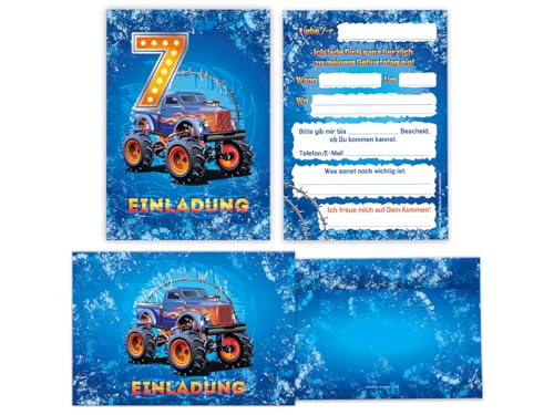 12 Einladungskarten incl. 12 Umschläge 7. Kindergeburtstag Jungen Auto Monster-Truck coole Einladungen siebte Geburtstag Jungsgeburtstag von JuNa-Experten