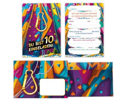 12 Einladungskarten incl. 12 Umschläge zum 10. Kindergeburtstag Jungen Mädchen Klettern Kletterpark coole bunte Einladungen zehnte Geburtstag von JuNa-Experten