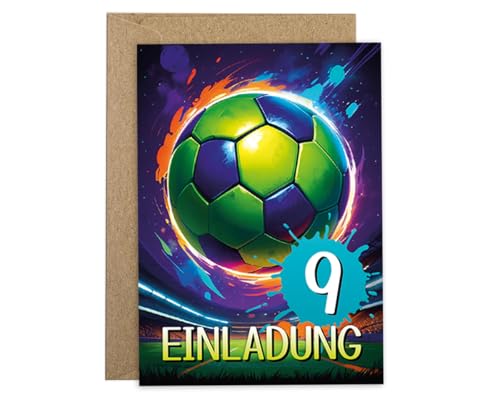 12 Einladungskarten incl. 12 Umschläge zum 9. Kindergeburtstag Jungen Mädchen Fussball Fußball coole bunte Einladungen neunte Geburtstag Kinder Jungsgeburtstag Soccer Geburtstagseinladungen von JuNa-Experten