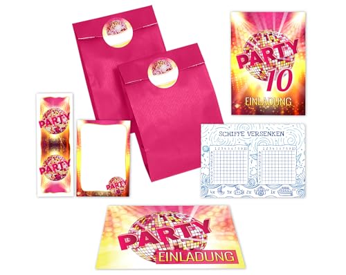 12 Einladungskarten zum 10. Kindergeburtstag Mädchen Disco VIP Einladung zehnte Geburtstag incl. 12 Umschläge, 12 Tüten/pink, 12 Aufkleber, 12 Lesezeichen, 12 Blöcke, 12 Schiffe versenken von JuNa-Experten