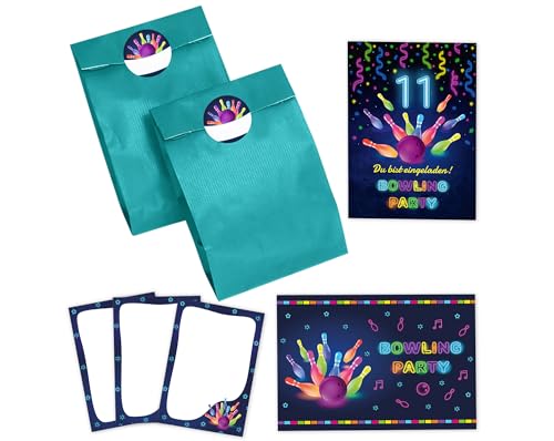 12 Einladungskarten zum 11. Kindergeburtstag Bowling Kegeln Jungen Mädchen Einladung elfte Geburtstag incl. 12 Umschläge, 12 Partytüten/petrol, 12 Aufkleber, 12 Mini-Notizblöcke von JuNa-Experten