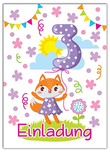 JuNa-Experten 12 Einladungskarten 3. Kindergeburtstag Mädchen Tiere dritte Geburtstag Geburtstagseinladungen Einladungen Geburtstags-Party Kartenset Fuchs von JuNa-Experten