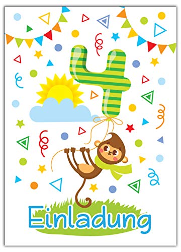 JuNa-Experten 12 Einladungskarten 4. Kindergeburtstag Junge Mädchen Tiere vierte Geburtstag Geburtstagseinladungen Einladungen Geburtstagsparty Kartenset AFFE von JuNa-Experten