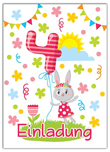 JuNa-Experten 12 Einladungskarten 4. Kindergeburtstag Mädchen Tiere vierte Geburtstag Geburtstagseinladungen Einladungen Geburtstagsparty Kartenset Hase von JuNa-Experten