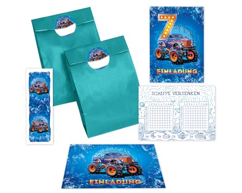 12 Einladungskarten zum 7. Kindergeburtstag Jungen Auto Monster-Truck Einladungen siebte Geburtstag incl. 12 Umschläge, 12 Tüten/petrol, 12 Aufkleber, 12 Lesezeichen, 12 Schiffe versenken von JuNa-Experten
