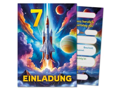 12 Einladungskarten zum 7. Kindergeburtstag Jungen Jungs Mädchen Rakete coole bunte Einladungen siebte Geburtstag Kinder Jungsgeburtstag Space Kinderparty Geburtstagseinladungen von JuNa-Experten