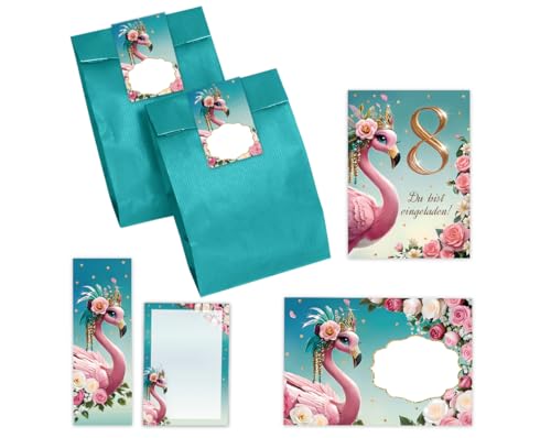 12 Einladungskarten zum 8. Kindergeburtstag Mädchen Flamingo Einladungen achte Geburtstag Mädchengeburtstag incl. 12 Umschläge, 12 Partytüten/petrol, 12 Aufkleber, 12 Lesezeichen, 12 Mini-Notizblöcke von JuNa-Experten