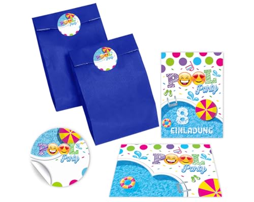 12 Einladungskarten zum 8. Kindergeburtstag Schwimmbad Schwimmen Jungen Mädchen Einladung achte Geburtstag incl. 12 Umschläge, 12 Partytüten/blau, 12 Aufkleber von JuNa-Experten