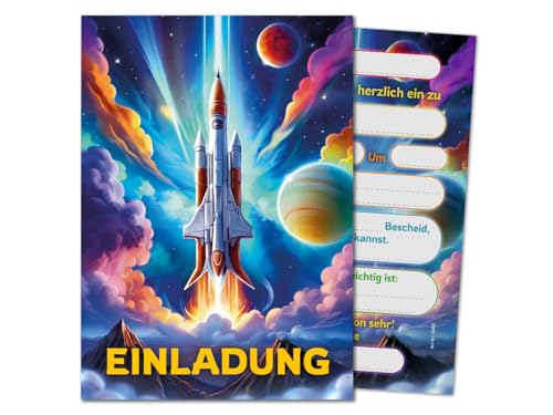 12 Einladungskarten zum Kindergeburtstag Jungen Jungs Mädchen Rakete coole bunte Einladungen Geburtstag Kinder Jungsgeburtstag Space Kinderparty Teens Geburtstagseinladungen von JuNa-Experten