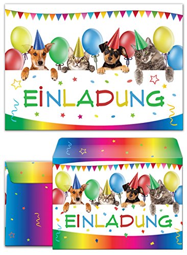 12 Einladungskarten zum Kindergeburtstag Katzen und Hunde incl. 12 Umschläge / Einladungen zum Geburtstag für Mädchen und Jungen lustige Katzen und Hunde (12 Karten + 12 Karten) von JuNa-Experten