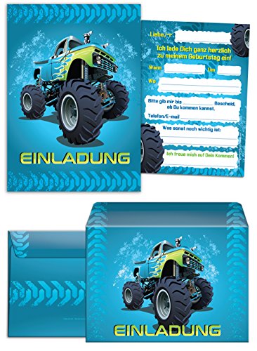 12 Einladungskarten zum Kindergeburtstag Monstertruck blau incl. 12 Umschläge/Monster-Truck/Auto/Einladungen zum Geburtstag für Jungen (12 Karten + 12 Umschläge) von JuNa-Experten