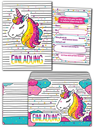 JuNa-Experten 12 Einladungskarten zum Kindergeburtstag für Mädchen Einhorn incl. 12 Umschläge / Unicorn / Einladungen / schöne und Bunte Geburtstagseinladungen (12 Karten + 12 Umschläge) von JuNa-Experten