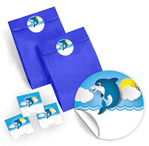 12 Party-Tüten + 12 Aufkleber für Geschenke oder Mitgebseln beim Kindergeburtstag Delfin Mädchen Jungen Jungs/Papier-Tüten für Geschenkverpackung/Papierbeutel für Gastgeschenk Geschenktüten von JuNa-Experten