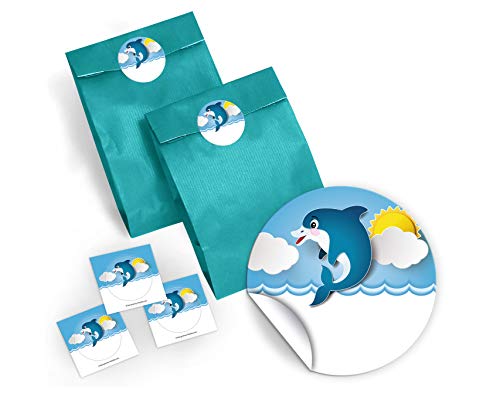12 Party-Tüten + 12 Aufkleber für Geschenke Mitgebseln Kindergeburtstag Delfin Mädchen Jungen Jungs/Papier-Tüten für Geschenkverpackung/Papierbeutel für Gastgeschenk Geschenktüten von JuNa-Experten