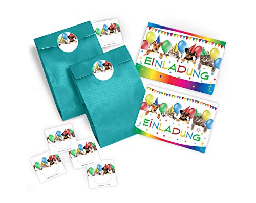 12-er Einladungskarten, Umschläge, Tüten, Aufkleber zum Kindergeburtstag/Einladungen für Mädchen und Jungen "lustige Katzen und Hunde" (12 Karten + 12 Karten + 12 Party-Tüten + 12 Aufkleber) von JuNa-Experten