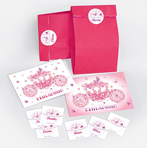 12-er Set Einladungskarten, Tüten, Umschläge, Aufkleber Kindergeburtstag Prinzessin-Party für Mädchen / Kutsche / rosa (12 Karten + 12 Umschläge + 12 Party-Tüten + 12 Aufkleber) von JuNa-Experten