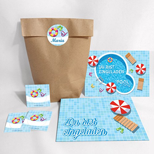 12-er Set Einladungskarten, Umschläge, Aufkleber zum Kindergeburtstag Schwimmbad / Pool Party / bunte Einladungen (12 Karten + 12 Umschläge + 12 Party-Tüten (Kreuzbodenbeutel) + 12 Aufkleber) von JuNa-Experten