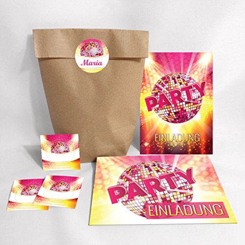 12-er Set Einladungskarten, Umschläge, Tüten, Aufkleber zum Geburtstag Einladungen Kinder Erwachsen / Disco-Geburtstag / gold (12 Karten + 12 Umschläge + 12 Party-Tüten / natur + 12 Aufkleber) von JuNa-Experten