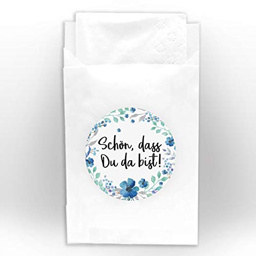 25 Tüten (6,50 x 9 cm / weiß) + 25 Aufkleber SCHÖN, DASS DU DA BIST Etiketten für Taschentuchverpackung bei Hochzeit Taufe Geburtstag Jubiläum Blumen von JuNa-Experten