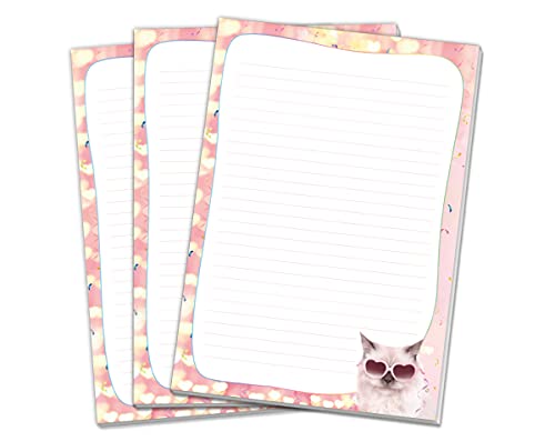 3 Blöcke Katze Schreibblock Notizblock liniert für Kinder Mädchen (3 Blöcke mit je 25 Blätter in A4-Format) von JuNa-Experten