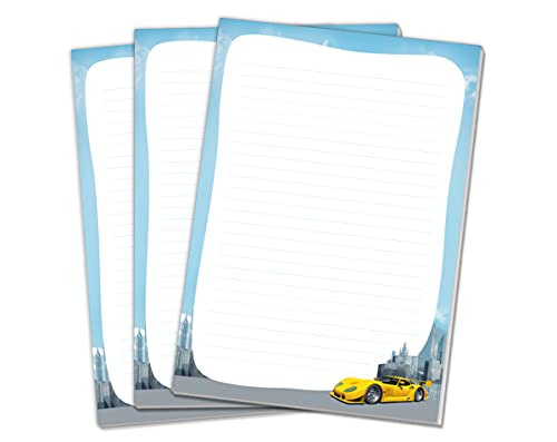 3 Blöcke Rennauto Auto Schreibblock Notizblock liniert für Kinder Jungen Jungs (3 Blöcke mit je 25 Blätter in A4-Format) von JuNa-Experten