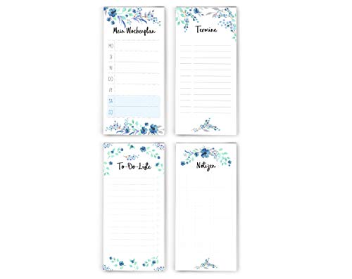 4 Blöcke: To Do Liste, Notizen, Wochenplaner, Termine, DIN lang (9,8 cm x 21 cm), 50 Seite pro Block, blau Aquarell von JuNa-Experten