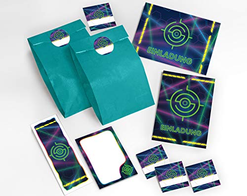 6 Einladungskarten Geburtstag Kinder Lasertag für Mädchen Jungen Jungs Einladungen Kindergeburtstag incl. 6 Umschläge, 6 Tüten/blau, 6 Aufkleber, 6 Lesezeichen, 6 Notizblöcke von JuNa-Experten