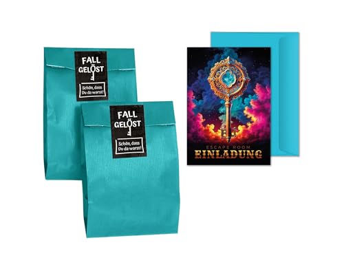 6 Einladungskarten Kindergeburtstag Escape Room Party pink Mädchen Jungen Jungs coole Einladungen Geburtstag Kinder Detektiv Geburtstagseinladungen inkl. 6 Umschläge, 6 Tüten / petrol, 6 Aufkleber von JuNa-Experten