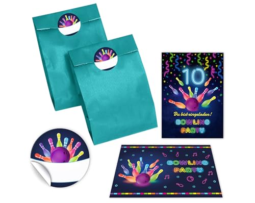 6 Einladungskarten zum 10. Kindergeburtstag Bowling Kegeln Jungen Mädchen Einladung zehnte Geburtstag incl. 6 Umschläge, 6 Partytüten/petrol, 6 Aufkleber von JuNa-Experten