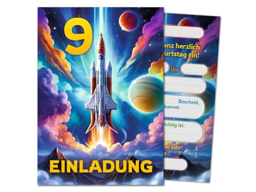 6 Einladungskarten zum 9. Kindergeburtstag Jungen Jungs Mädchen Rakete coole bunte Einladungen neunte Geburtstag Kinder Jungsgeburtstag Space Kinderparty Geburtstagseinladungen von JuNa-Experten