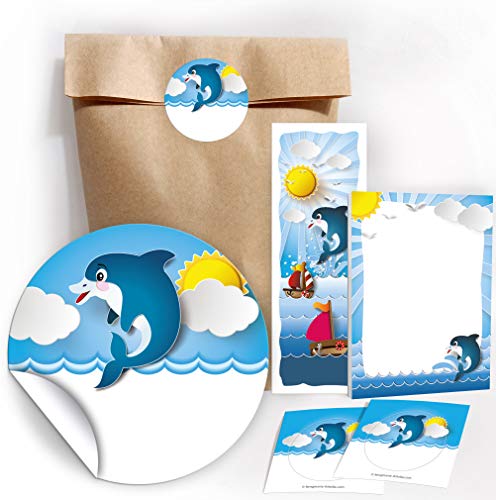 6 Lesezeichen + 6 Mini-Notizblöcke + 6 Geschenktüten/Natur + 6 Aufkleber Delfin Mitgebsel Gastgeschenk beim Kindergeburtstag Mädchen Jungen von JuNa-Experten