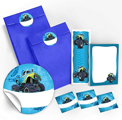 6 Lesezeichen + 6 Mini-Notizblöcke + 6 Geschenktüten/dunkelblau + 6 Aufkleber Monster-Truck für Mitgebsel Gastgeschenk beim Kindergeburtstag Jungen von JuNa-Experten