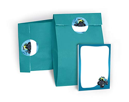 6 Mini-Notizblöcke + 6 Geschenktüten / blau + 6 Aufkleber Monster-Truck für Mitgebsel Gastgeschenk beim Kindergeburtstag Jungen von JuNa-Experten