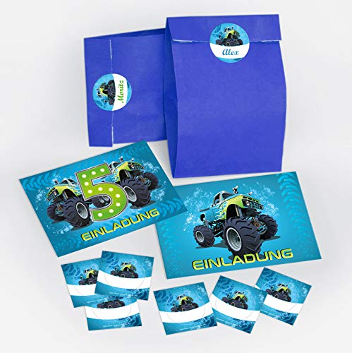 8 Einladungskarten 5. Geburtstag Kinder Junge Monstertruck incl. 8 Umschläge, 8 Tüten/blau, 8 Aufkleber / Monster-Truck / Auto / Einladungen zum fünften Kindergeburtstag für Jungen von JuNa-Experten