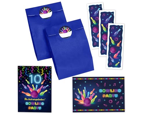 8 Einladungskarten zum 10. Kindergeburtstag Bowling Kegeln Jungen Mädchen Einladung zehnte Geburtstag incl. 8 Umschläge, 8 Partytüten/blau, 8 Aufkleber, 8 Lesezeichen von JuNa-Experten