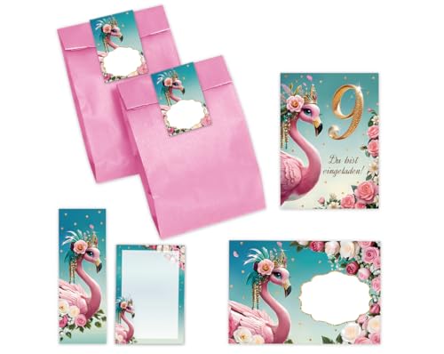 8 Einladungskarten zum 9. Kindergeburtstag Mädchen Flamingo Einladungen neunte Geburtstag Mädchengeburtstag incl. 8 Umschläge, 8 Partytüten/rosa, 8 Aufkleber, 8 Lesezeichen, 8 Mini-Notizblöcke von JuNa-Experten