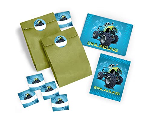 8 Einladungskarten zum Kindergeburtstag Monstertruck blau incl. 8 Umschläge, 8 Tüten / grün, 8 Umschläge / Monster-Truck / Auto / Einladungen zum Geburtstag für Jungen von JuNa-Experten