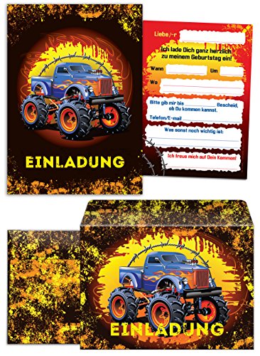 8 Einladungskarten zum Kindergeburtstag Monstertruck incl. 8 Umschläge/Monster-Truck/Auto/Einladungen zum Geburtstag für Jungen (8 Karten + 8 Umschläge) von JuNa-Experten