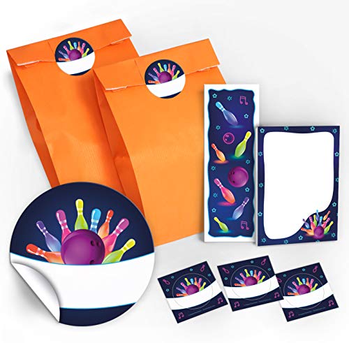 8 Lesezeichen + 8 Mini-Notizblöcke + 8 Geschenktüten/orange + 8 Aufkleber Bowling für Mitgebsel Gastgeschenke beim Kindergeburtstag Mädchen Jungen von JuNa-Experten