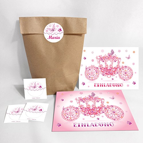 8-er Set Einladungskarten, Umschläge, Tüten, Aufkleber Kindergeburtstag "Prinzessin-Party" Mädchen / Kutsche / Schmetterlinge (8 Karten + 8 Umschläge + 8 Party-Tüten (Kreuzbodenbeutel) + 8 Aufkleber) von JuNa-Experten