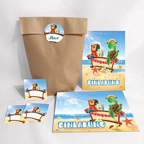 8-er Set Einladungskarten, Umschläge, Tüten, Aufkleber zum Kindergeburtstag für Mädchen und Jungen Papagei und Schildkröte / süße und lustige Einladungen / schöne und bunte Geburtstagseinladungen 8-er Set Einladungskarten, Umschläge, Tüten, Aufkleber zum Kindergeburtstag für Mädchen und Jungen Papagei und Schildkröte / süße und lustige Einladungen / schöne und bunte Geburtstagseinladungen von JuNa-Experten