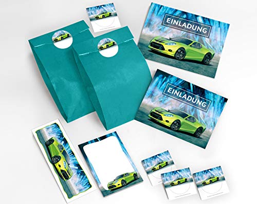JuNa-Experten 10 Einladungskarten Geburtstag Kinder Junge Rennauto/Rennwagen/Auto incl. 10 Umschläge, 10 Tüten/blau, 10 Aufkleber, 10 Lesezeichen, 10 Blöcke JuNa-Experten 10 Einladungskarten Geburtstag Kinder Junge Rennauto/Rennwagen/Auto incl. 10 Umschläge, 10 Tüten/blau, 10 Aufkleber, 10 Lesezeichen, 10 Blöcke von JuNa-Experten