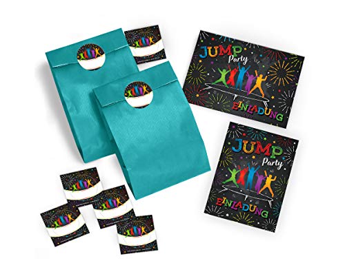 JuNa-Experten 10 Einladungskarten Kindergeburtstag Jump Trampolin Mädchen incl. 10 Umschläge, 10 Tüten/blau, 10 Aufkleber von JuNa-Experten