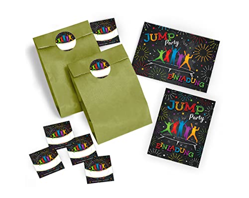 JuNa-Experten 10 Einladungskarten Kindergeburtstag Jump Trampolin Mädchen incl. 10 Umschläge, 10 Tüten / grün, 10 Aufkleber von JuNa-Experten