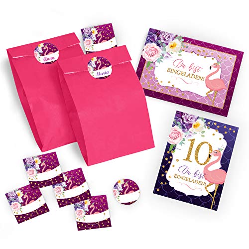 JuNa-Experten 10 Einladungskarten zum 10. Kindergeburtstag Mädchen Flamingo Einladungen zum zehnten Geburtstag incl. 10 Umschläge, 10 Tüten / rosa, 10 Aufkleber von JuNa-Experten