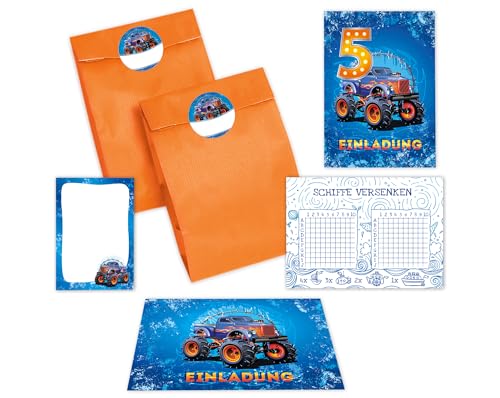 JuNa-Experten 10 Einladungskarten zum 5. Kindergeburtstag Jungen Auto Monster-Truck Einladungen fünfte Geburtstag incl. 10 Umschläge, 10 Tüten/orange, 10 Aufkleber, 10 Blöcke, 10 Schiffe versenken JuNa-Experten 10 Einladungskarten zum 5. Kindergeburtstag Jungen Auto Monster-Truck Einladungen fünfte Geburtstag incl. 10 Umschläge, 10 Tüten/orange, 10 Aufkleber, 10 Blöcke, 10 Schiffe versenken von JuNa-Experten