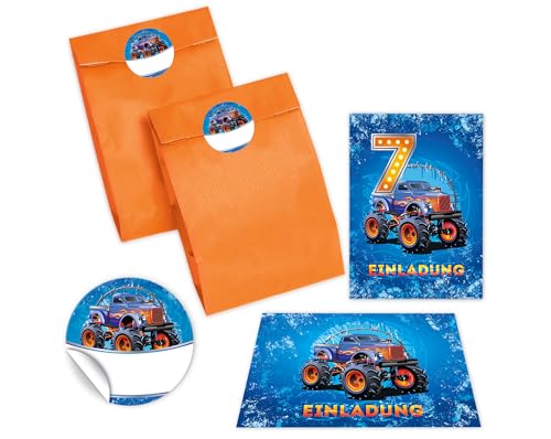 JuNa-Experten 10 Einladungskarten zum 7. Kindergeburtstag Jungen Auto Monster-Truck Einladungen siebte Geburtstag incl. 10 Umschläge, 10 Partytüten/orange, 10 Aufkleber von JuNa-Experten